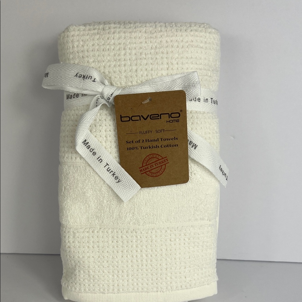Baveno Home Bath Hand Towels Off White Turkish Cotton Waffle Set of 2 NEW